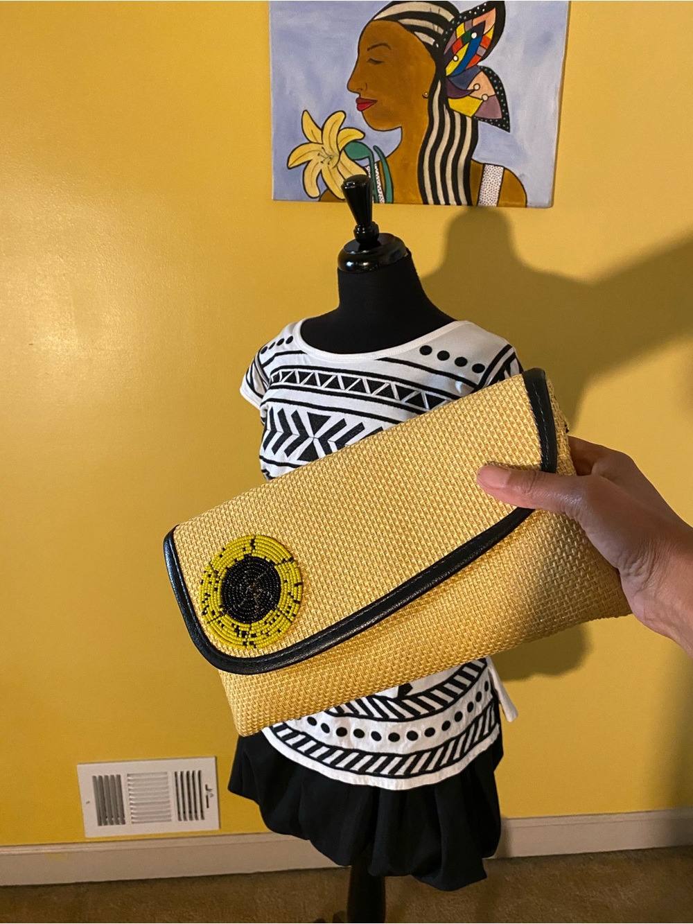 Yellow Woven Clutch with Black Trim - Women Bags